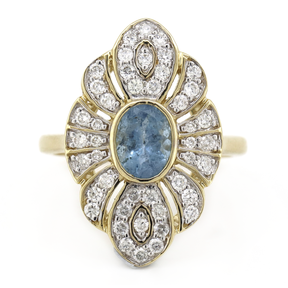Yellow Gold Aquamarine and Diamond Antique Inspired Ring