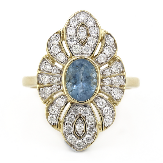 Yellow Gold Aquamarine and Diamond Antique Inspired Ring