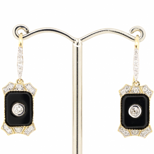 Yellow Gold Onyx and Diamond Drop Earrings