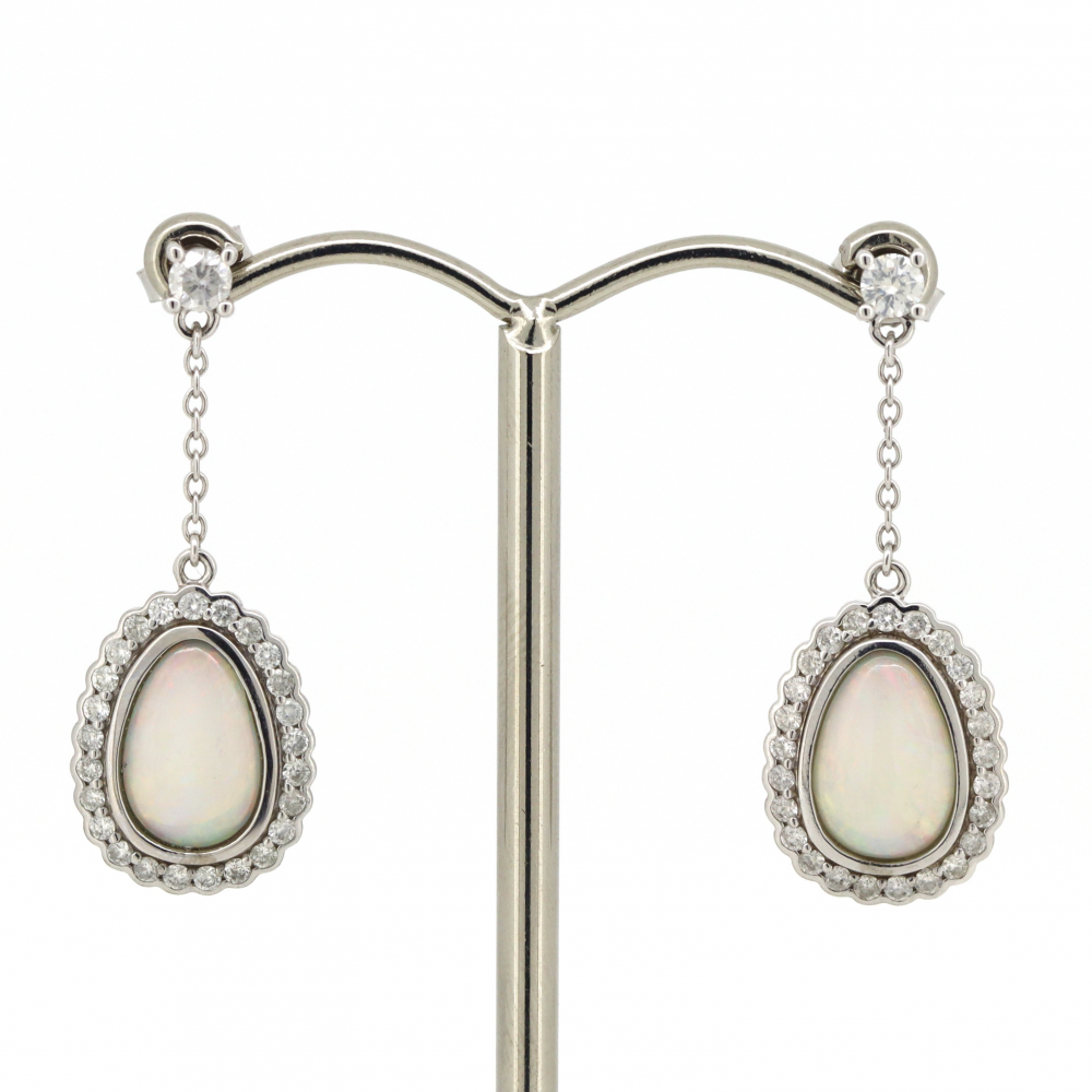 White Gold Andamooka Opal & Diamond Halo Drop Earrings