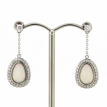 White Gold Andamooka Opal & Diamond Halo Drop Earrings