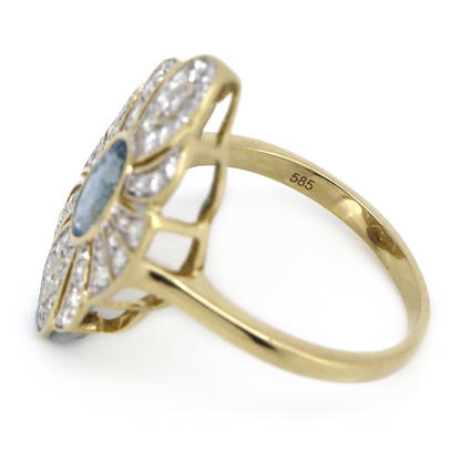 Yellow Gold Aquamarine and Diamond Antique Inspired Ring