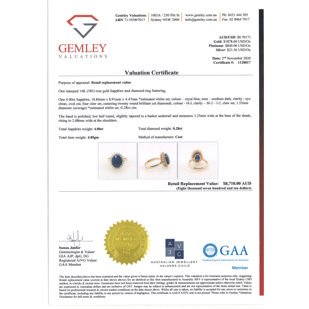 4.00ct Rose Gold Blue Sapphire and Diamond Halo Ring