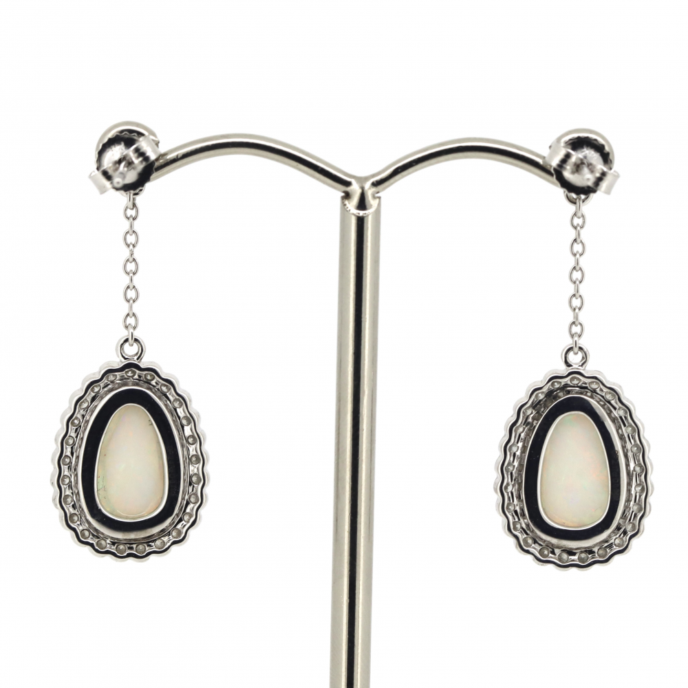White Gold Andamooka Opal & Diamond Halo Drop Earrings