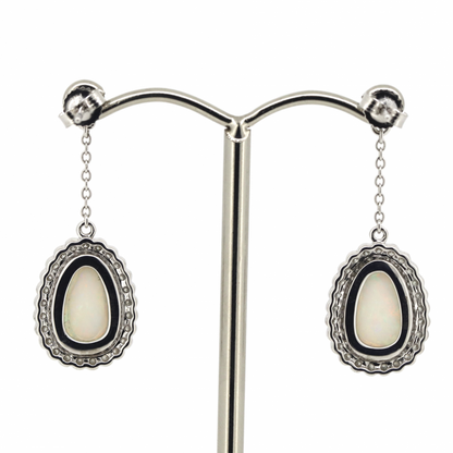 White Gold Andamooka Opal & Diamond Halo Drop Earrings