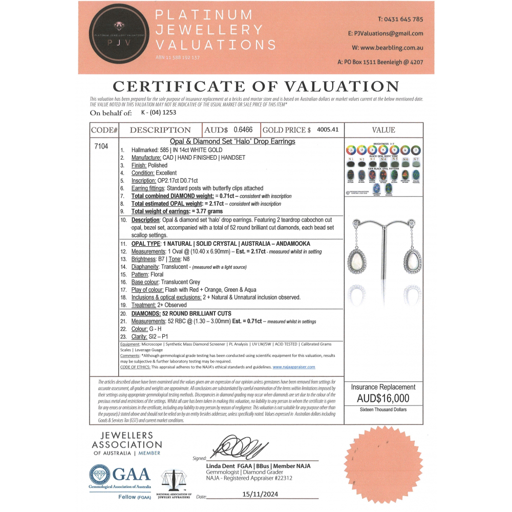 White Gold Andamooka Opal & Diamond Halo Drop Earrings