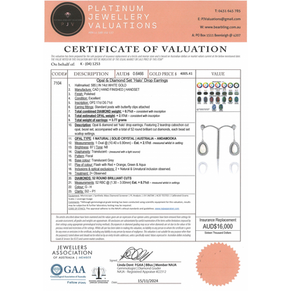 White Gold Andamooka Opal & Diamond Halo Drop Earrings