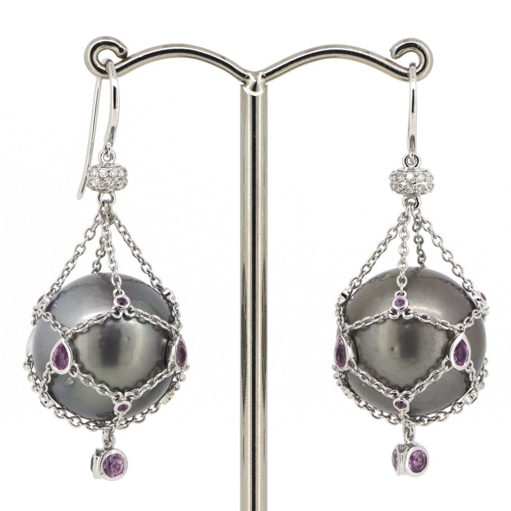 White Gold, Grey Cultured Tahitian Pearl, Pink Sapphire and Diamond, Cage Earrings