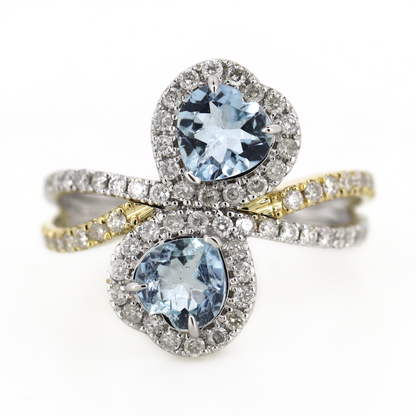 White/Yellow Gold Aquamarine and Diamond Split Band Ring
