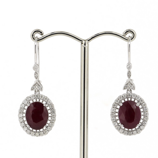 Ruby and Diamond Vintage-Style Halo Drop Earrings