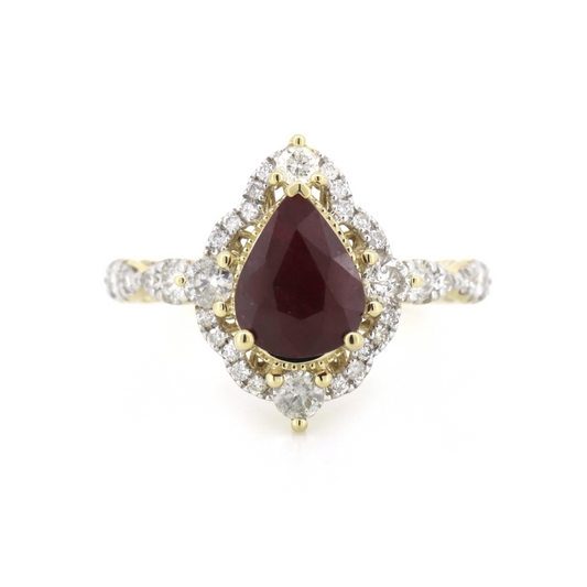 1.65ct Pear cut Yellow Gold Ruby and Diamond, Halo Antique Style Ring