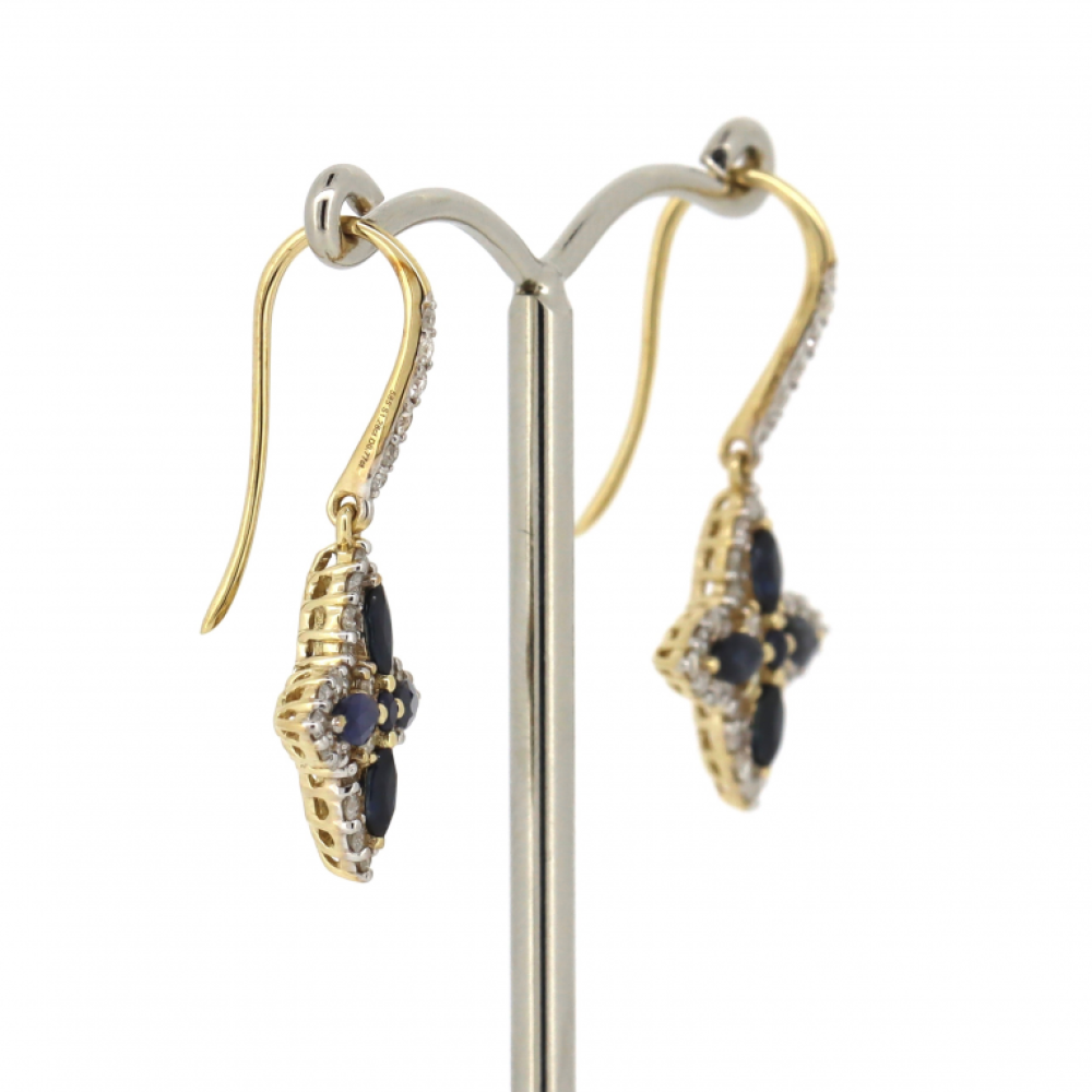 Yellow Gold Blue Sapphire and Diamond Decorative Drop Earrings