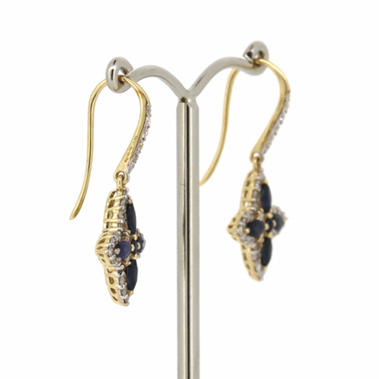 Yellow Gold Blue Sapphire and Diamond Decorative Drop Earrings