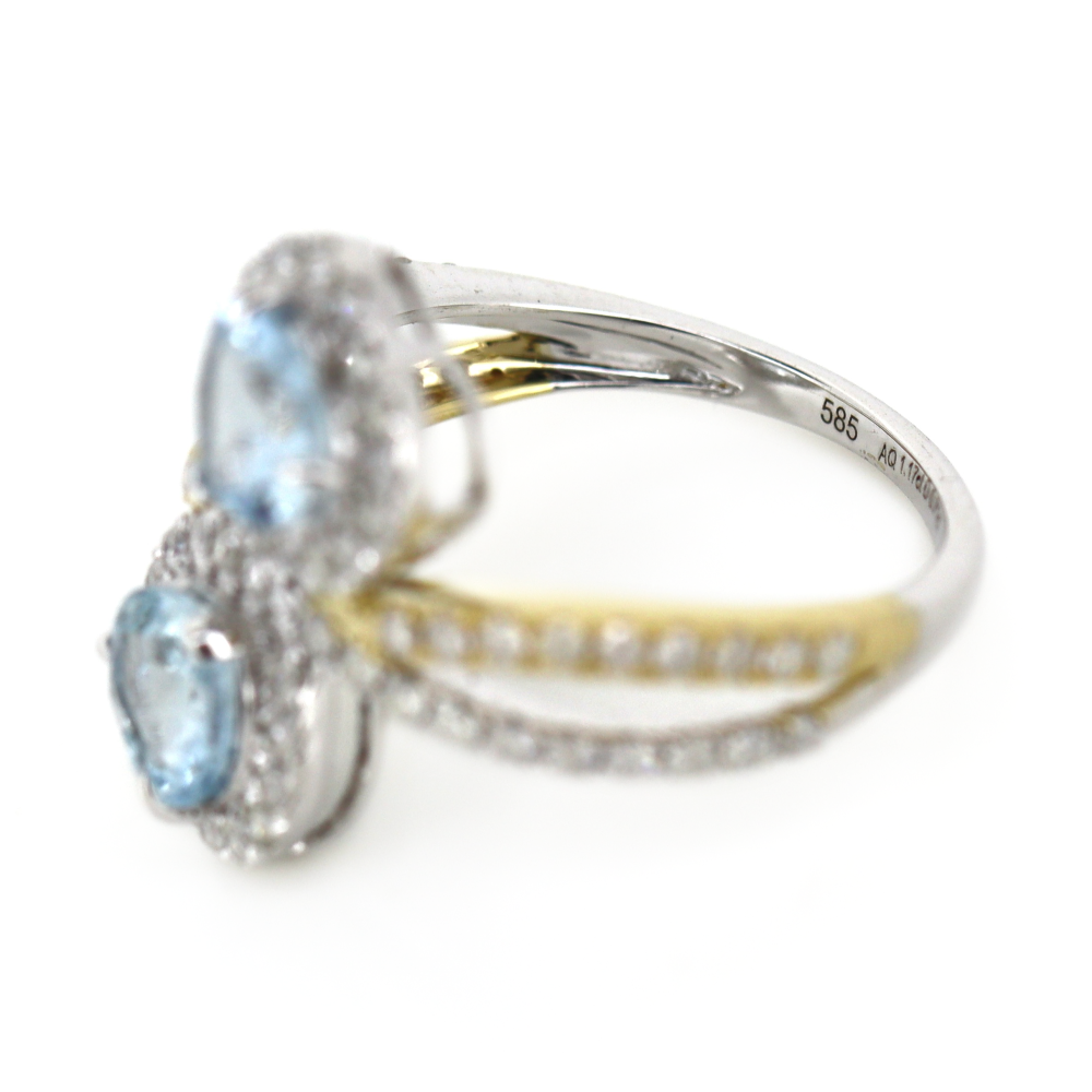 White/Yellow Gold Aquamarine and Diamond Split Band Ring