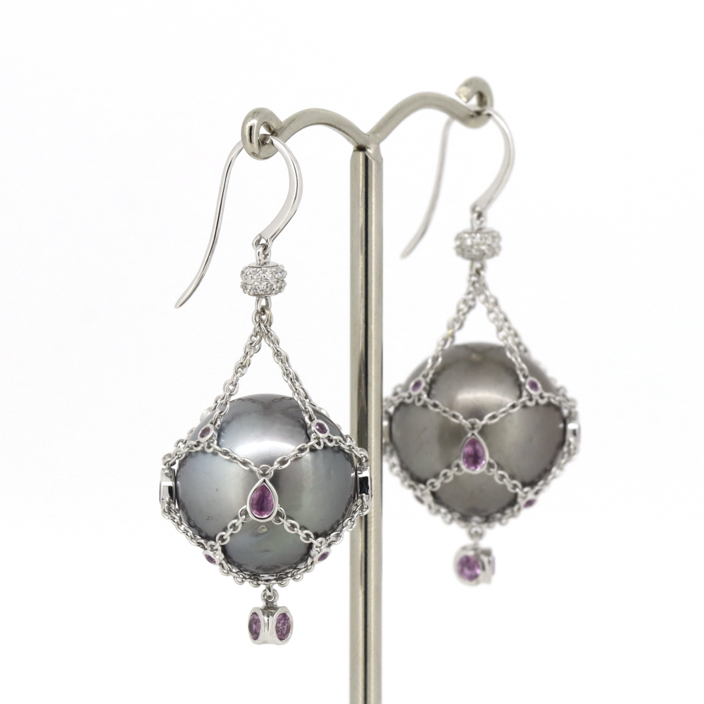 White Gold, Grey Cultured Tahitian Pearl, Pink Sapphire and Diamond, Cage Earrings