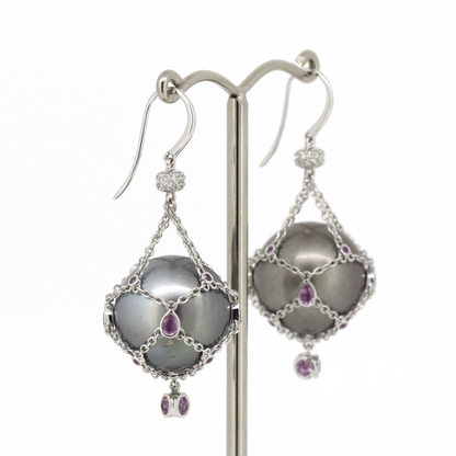 White Gold, Grey Cultured Tahitian Pearl, Pink Sapphire and Diamond, Cage Earrings