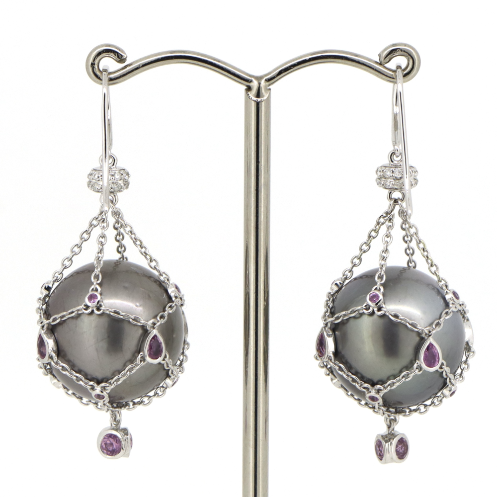 White Gold, Grey Cultured Tahitian Pearl, Pink Sapphire and Diamond, Cage Earrings