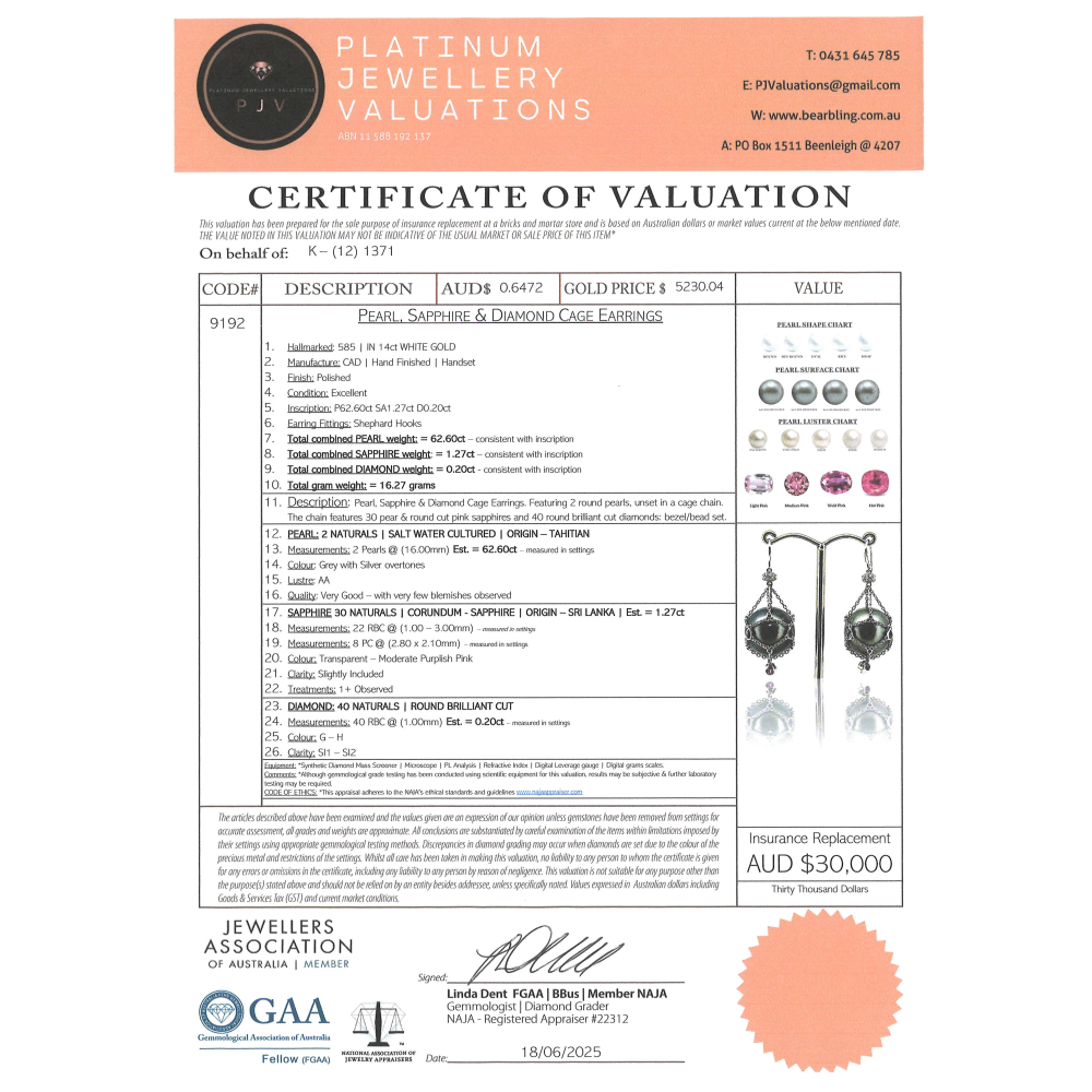 White Gold, Grey Cultured Tahitian Pearl, Pink Sapphire and Diamond, Cage Earrings