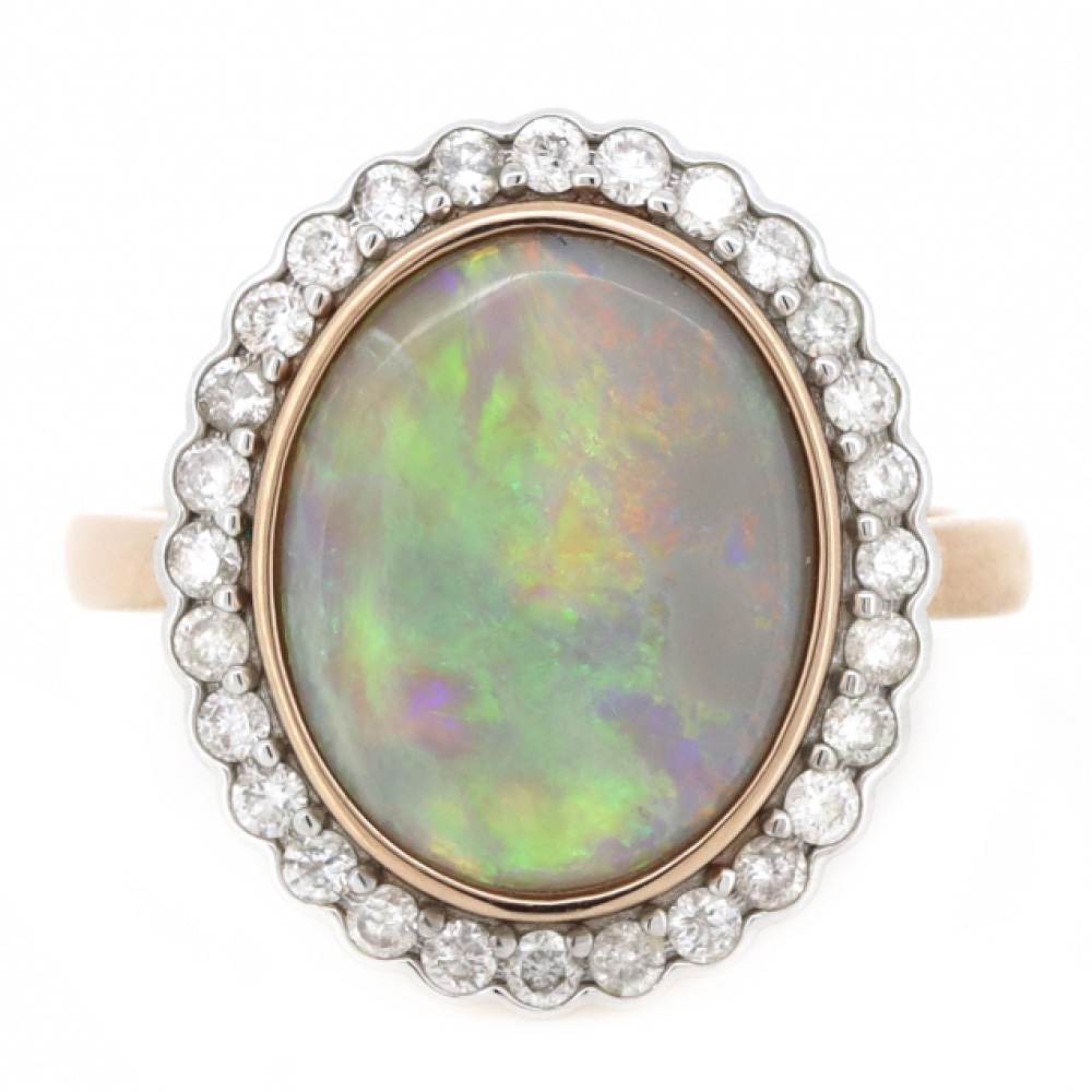 Rose Gold Australian Andamooka Opal & Diamond Halo Ring