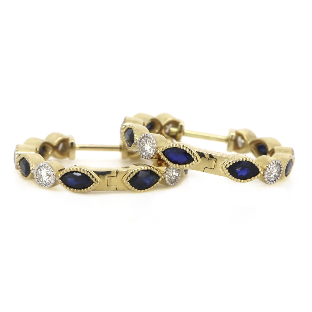 Yellow Gold Blue Sapphire and Diamond Hoop Earrings