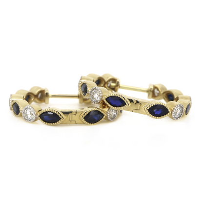 Yellow Gold Blue Sapphire and Diamond Hoop Earrings