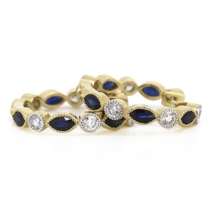Yellow Gold Blue Sapphire and Diamond Hoop Earrings