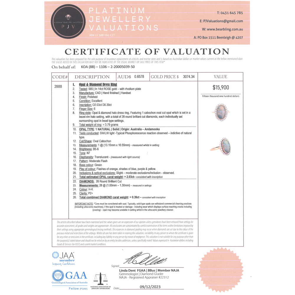 Rose Gold Australian Andamooka Opal & Diamond Halo Ring