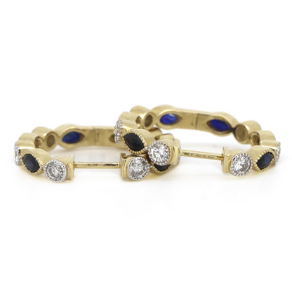 Yellow Gold Blue Sapphire and Diamond Hoop Earrings