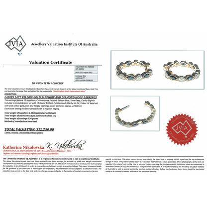 Yellow Gold Blue Sapphire and Diamond Hoop Earrings