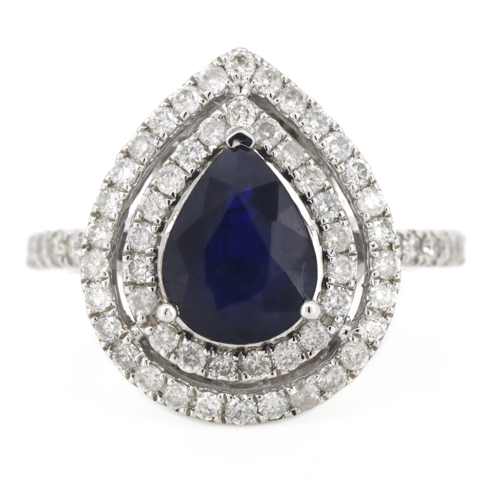 2.04ct Pear cut White Gold Blue Sapphire and Diamond Double Halo Ring