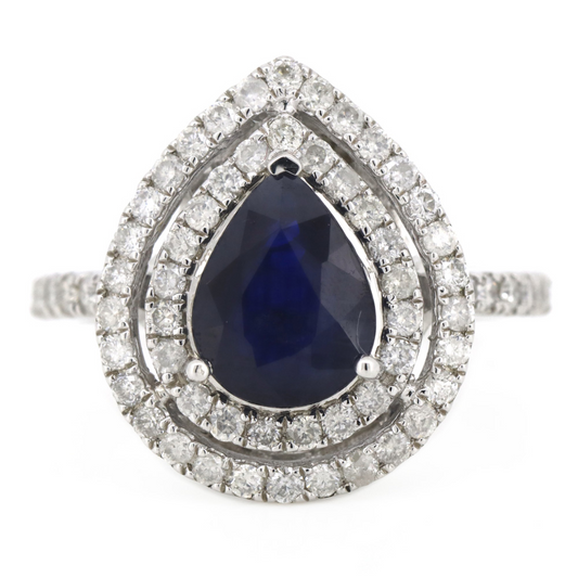 2.04ct Pear cut White Gold Blue Sapphire and Diamond Double Halo Ring