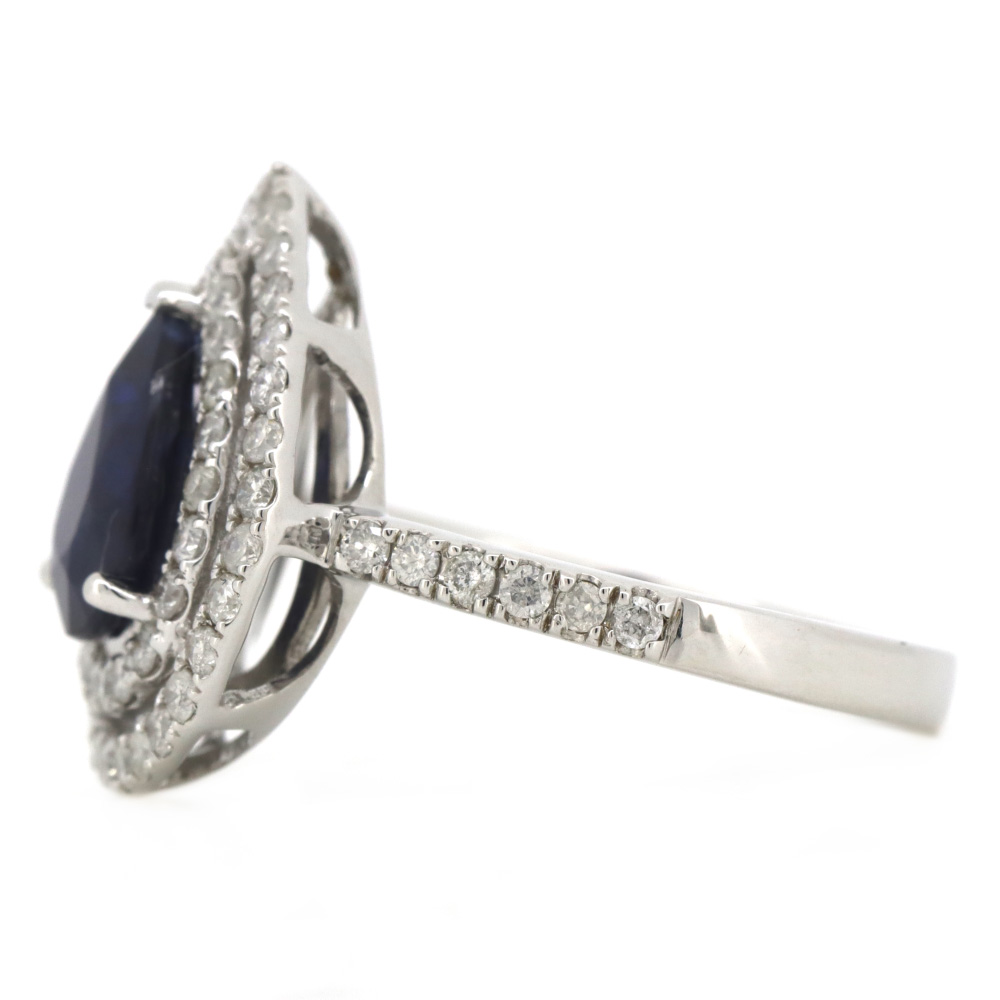 2.04ct Pear cut White Gold Blue Sapphire and Diamond Double Halo Ring