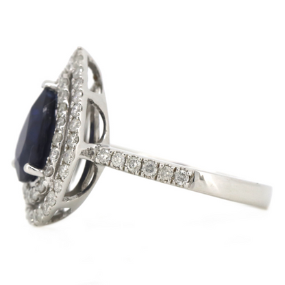 2.04ct Pear cut White Gold Blue Sapphire and Diamond Double Halo Ring