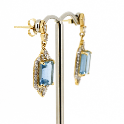 Yellow Gold Aquamarine and Diamond Drop Earrings