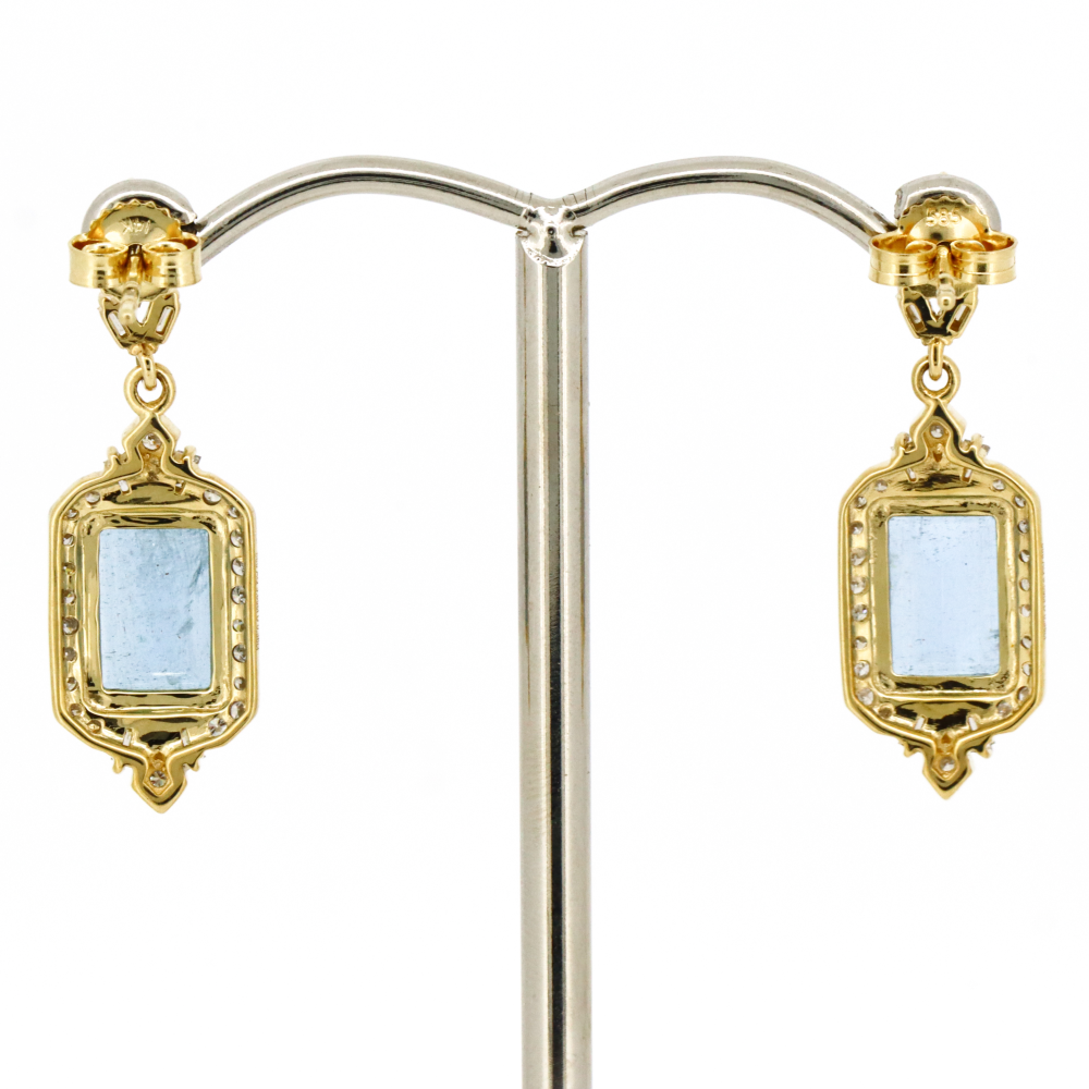 Yellow Gold Aquamarine and Diamond Drop Earrings