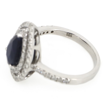 2.04ct Pear cut White Gold Blue Sapphire and Diamond Double Halo Ring