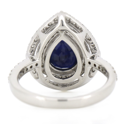 2.04ct Pear cut White Gold Blue Sapphire and Diamond Double Halo Ring