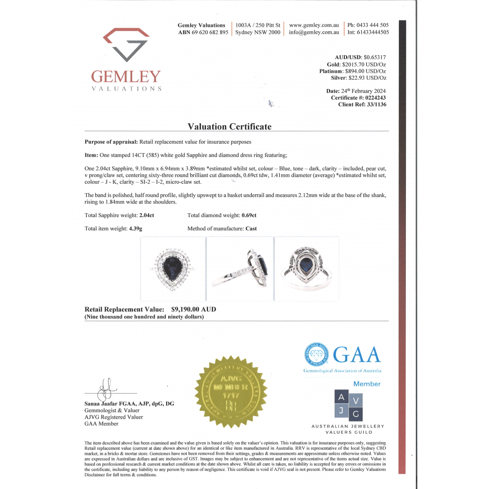2.04ct Pear cut White Gold Blue Sapphire and Diamond Double Halo Ring