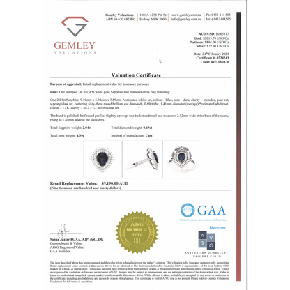 2.04ct Pear cut White Gold Blue Sapphire and Diamond Double Halo Ring