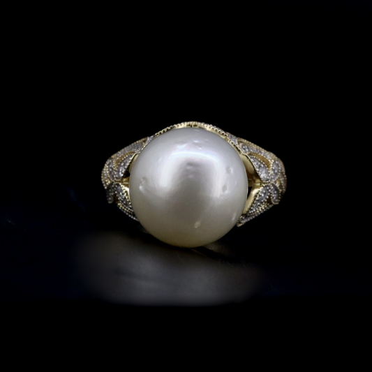 White Cultured South Sea Pearl and Diamond Cocktail Ring