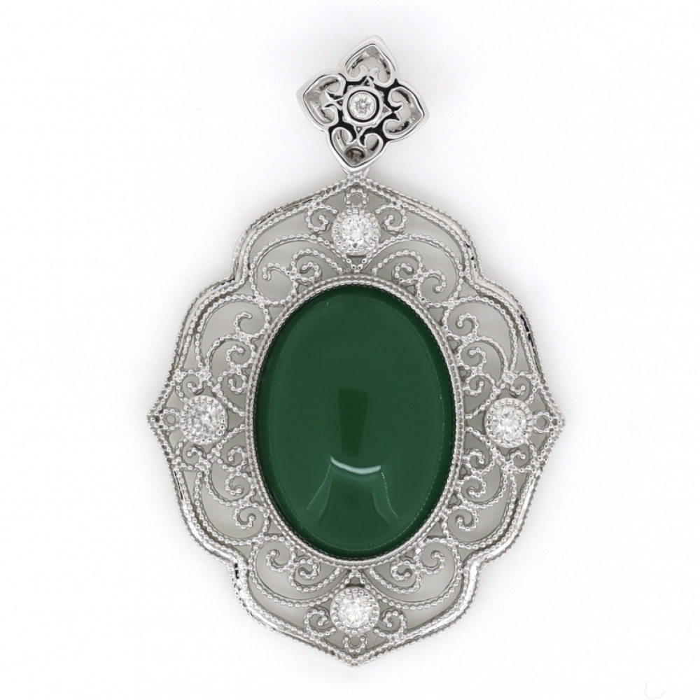 White Gold Jade & Diamond Drop Pendant