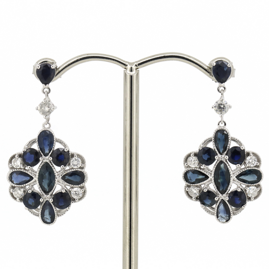White Gold Marquise Blue Sapphire and Diamond Art Deco Style Drop Earrings