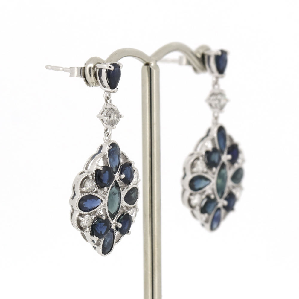 White Gold Marquise Blue Sapphire and Diamond Art Deco Style Drop Earrings