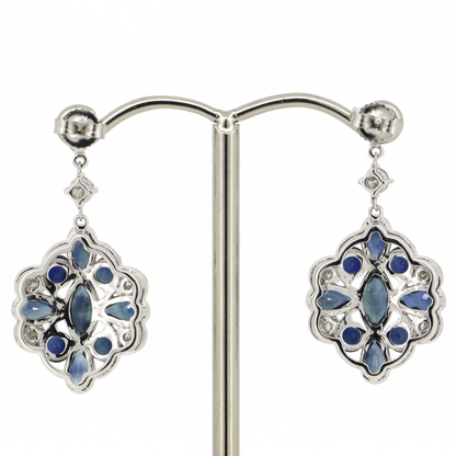 White Gold Marquise Blue Sapphire and Diamond Art Deco Style Drop Earrings