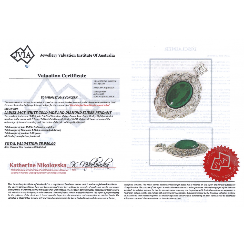 White Gold Jade & Diamond Drop Pendant