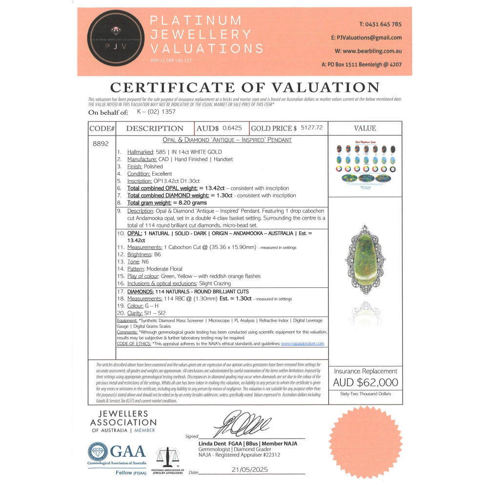 White Gold, 13.42ct Andamooka Opal and Diamond, Antique Inspired Pendant