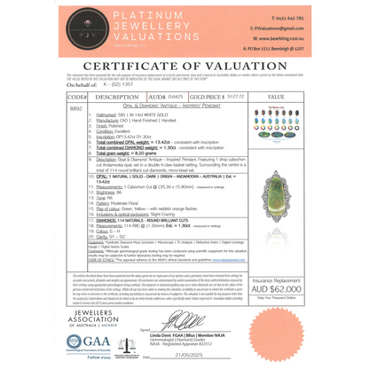 White Gold, 13.42ct Andamooka Opal and Diamond, Antique Inspired Pendant