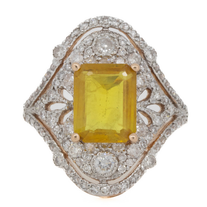 2.15ct Rose Gold Yellow Sapphire and Diamond Art Deco Inspired Statement Ring
