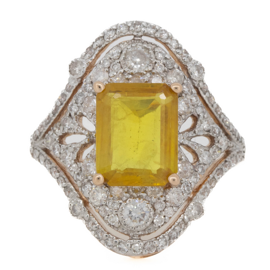 2.15ct Rose Gold Yellow Sapphire and Diamond Art Deco Inspired Statement Ring