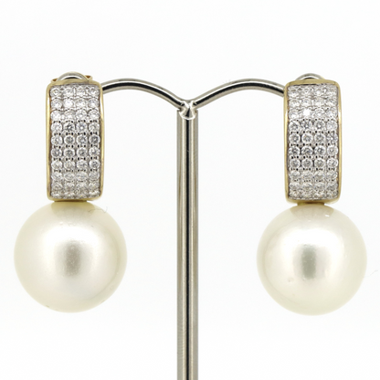 Yellow Gold, White Cultured South Sea Pearl and Diamond, Drop Earrings